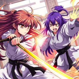 A dynamic scene featuring two epic anime-style karate girls engaged in an intense duel
