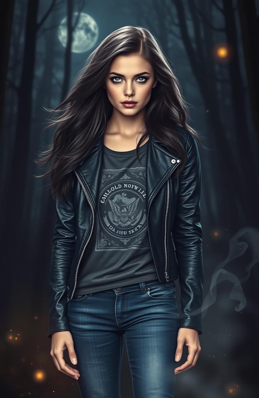 A mystical and enchanting portrait of the eldest daughter of Damon and Elena Salvatore, set against the backdrop of a dark, moonlit forest
