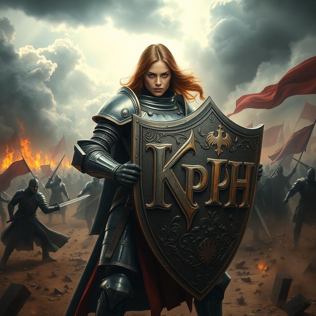 A fierce lady knight standing valiantly on a chaotic battlefield, wearing shining, intricately designed armor and a determined expression