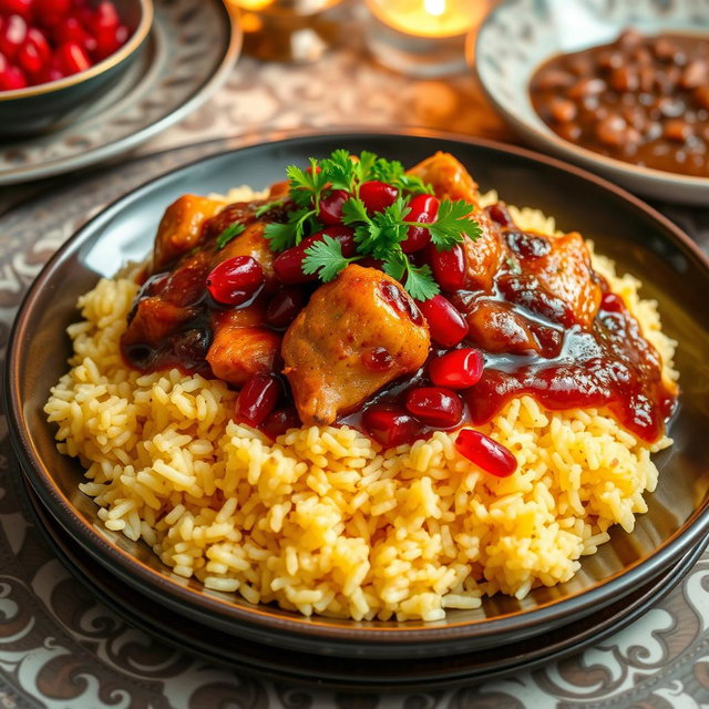 A beautifully arranged plate of Persian Fesenjan, featuring tender chicken pieces simmered in a rich, dark pomegranate and walnut sauce