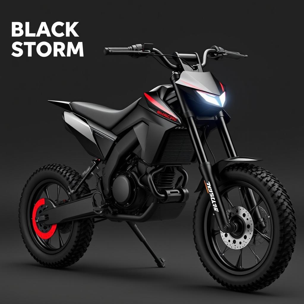A unique electric pit bike with sharp contours and a sleek yet sophisticated design, featuring a modern and fashionable aesthetic in black and red colors