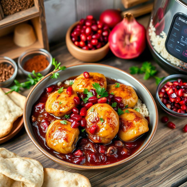 A beautifully plated dish of Instant Pot Fesenjan, a traditional Persian Pomegranate Chicken, showcasing tender chicken pieces simmered in a rich, dark, and glossy pomegranate walnut sauce