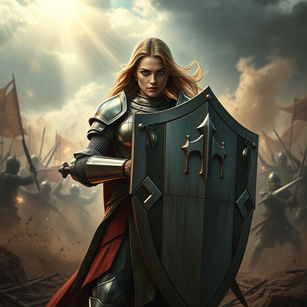 A fierce lady knight standing resolute on an intense battlefield, clad in gleaming armor that reflects the chaos around her