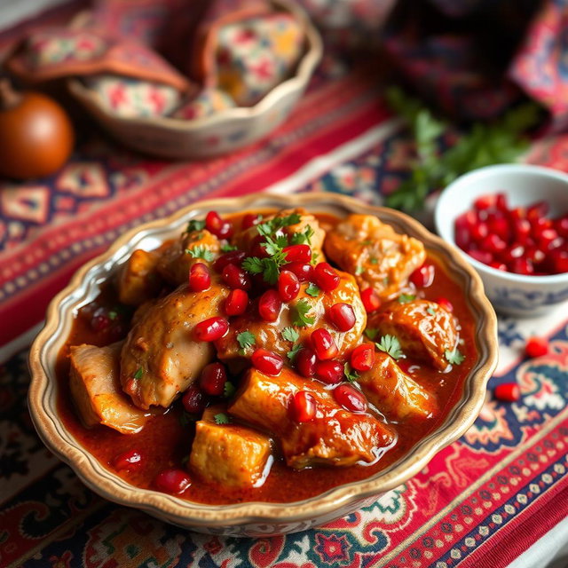 An elegant presentation of fesenjan, a traditional Persian dish made with tender pieces of chicken slow-cooked in a rich and velvety pomegranate walnut sauce