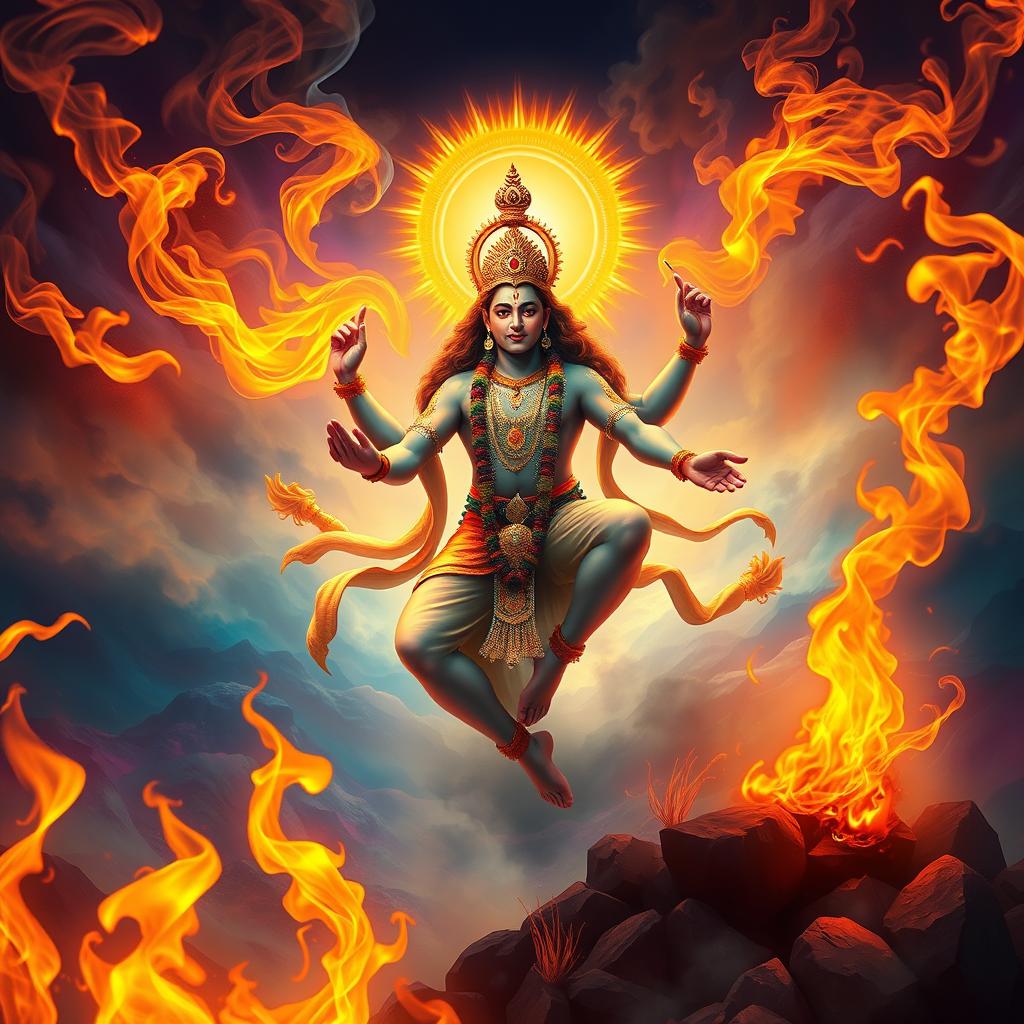 A majestic depiction of Yagna Bhagavan, a deity radiating divine energy, gracefully floating amidst vibrant fire flares