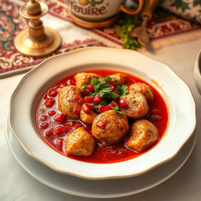 A beautifully plated dish of Fesenjan, showcasing rich and fragrant walnut and pomegranate stew, served in an elegant bowl