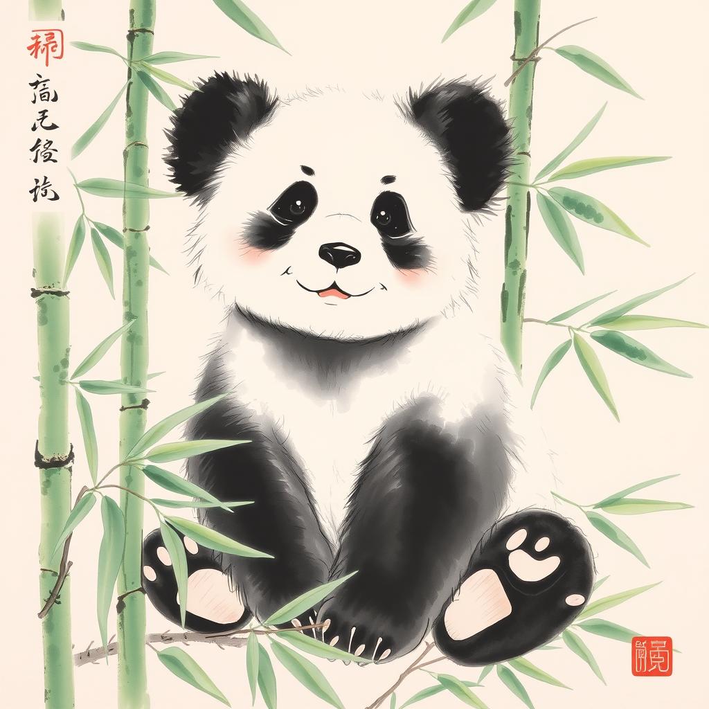 A beautiful Chinese ink painting featuring a lovely panda sitting gracefully among bamboo leaves