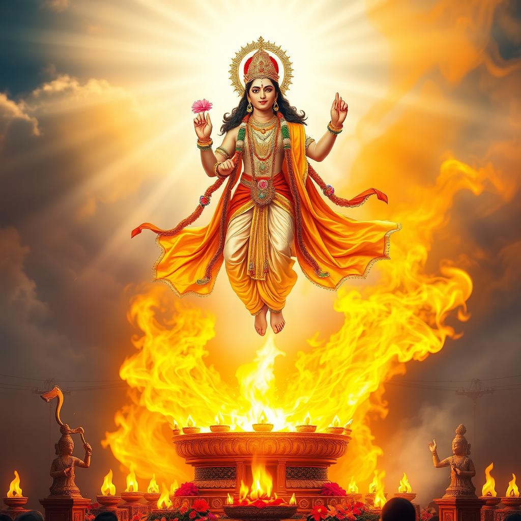A divine figure, representing Yagna Bhagavan, floating majestically above a Yagna Kunda surrounded by bright golden flames