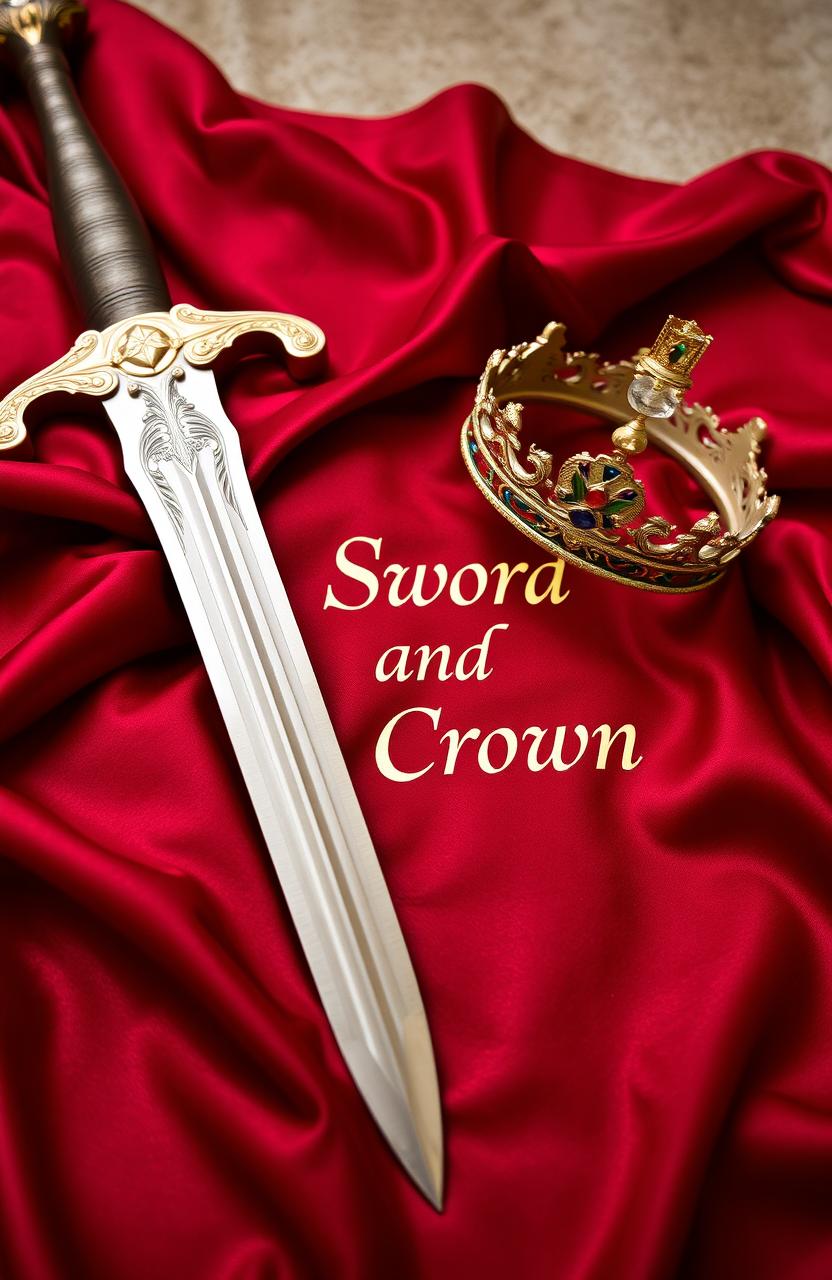 A luxurious setup featuring a beautifully crafted sword and an ornate crown resting on a rich dark red silk blanket