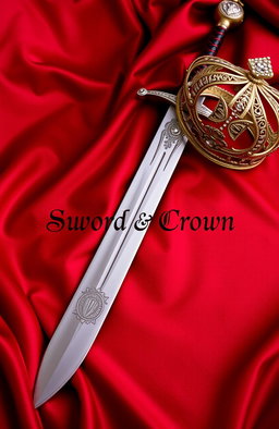 A luxurious setup featuring a beautifully crafted sword and an ornate crown resting on a rich dark red silk blanket