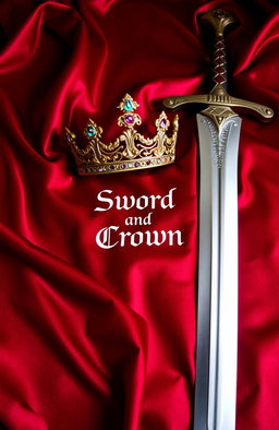 A luxurious setup featuring a beautifully crafted sword and an ornate crown resting on a rich dark red silk blanket