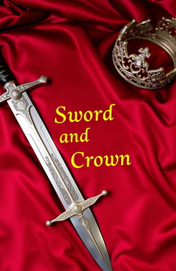 A luxurious setup featuring a beautifully crafted sword and an ornate crown resting on a rich dark red silk blanket