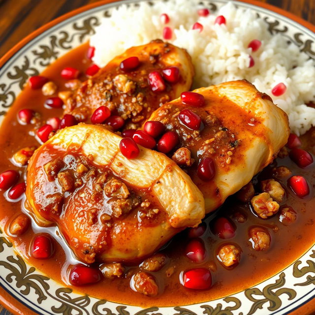 A beautifully plated dish featuring tender grilled chicken fully immersed in a rich, deep brown sauce made from ground walnuts and pomegranate juice