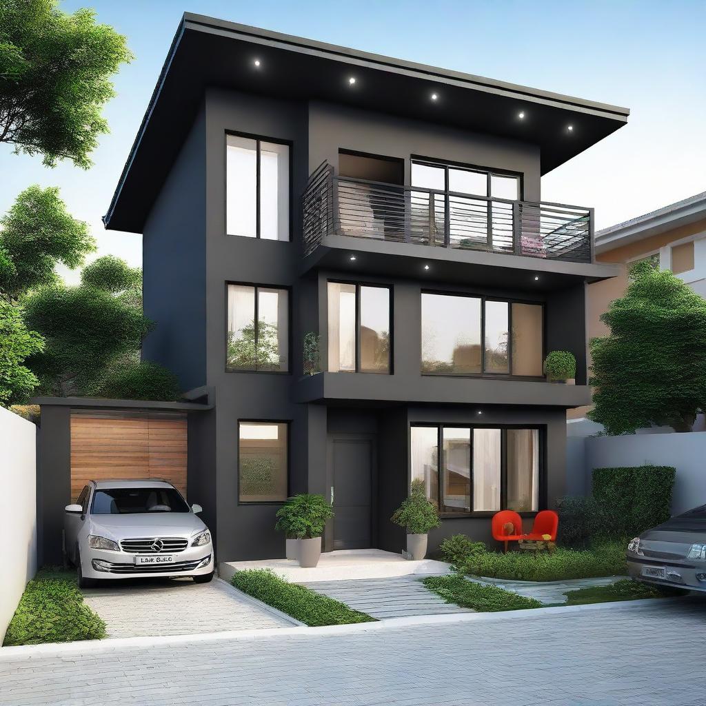 Generate a cozy, black house with a 6x6 meter floor area, divided between a garage and a functional space including a kitchen, living room, and bathroom. Include a second floor of equal size housing two bedrooms, attached to a spacious balcony.