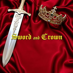 A beautifully arranged scene featuring a finely crafted sword and an elegant crown placed on a luxurious dark red silk blanket
