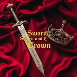 A beautifully arranged scene featuring a finely crafted sword and an elegant crown placed on a luxurious dark red silk blanket