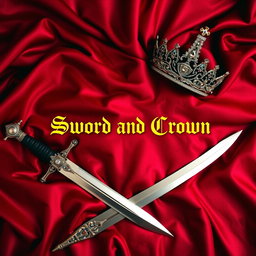 A beautifully arranged scene featuring a finely crafted sword and an elegant crown placed on a luxurious dark red silk blanket