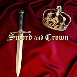 A beautifully arranged scene featuring a finely crafted sword and an elegant crown placed on a luxurious dark red silk blanket