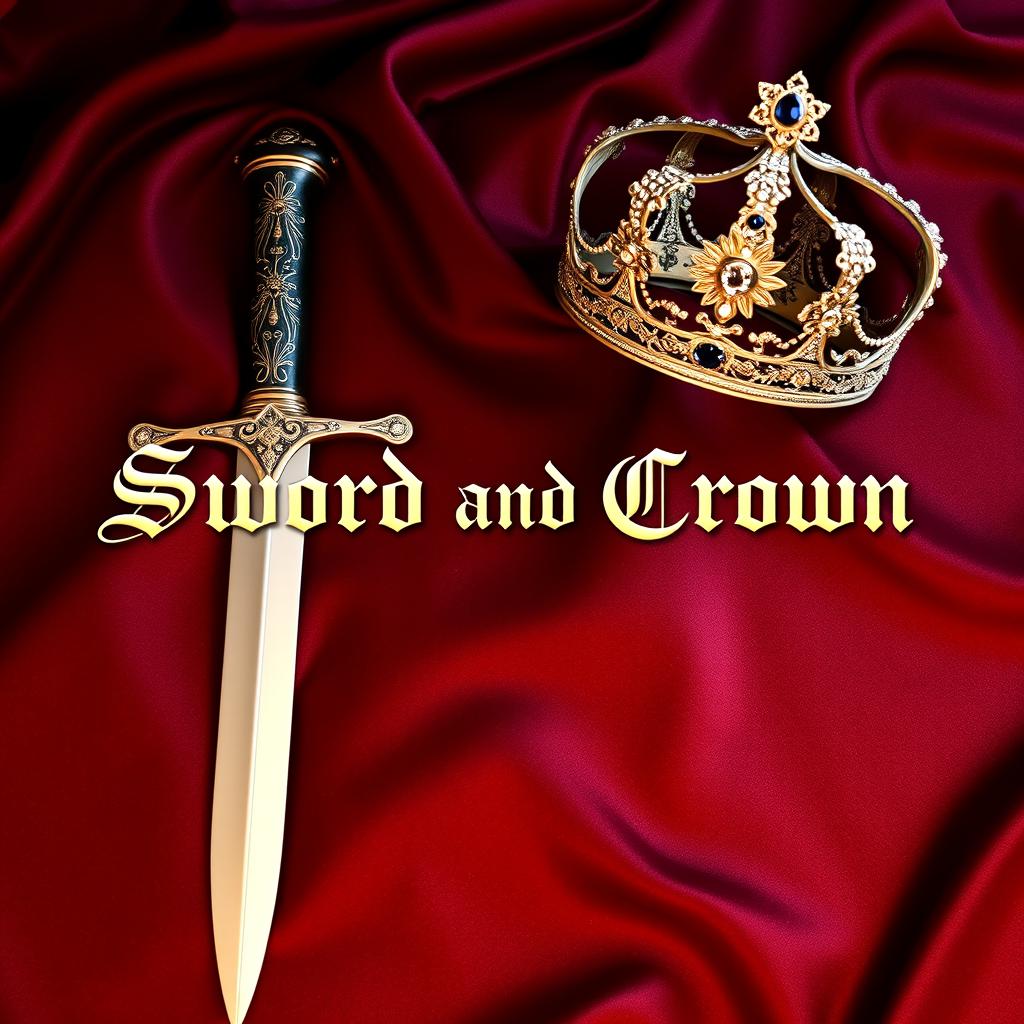 A beautifully arranged scene featuring a finely crafted sword and an elegant crown placed on a luxurious dark red silk blanket