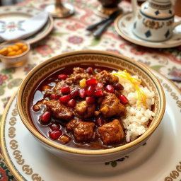 A beautifully presented bowl of Fesenjan stew, a traditional Persian dish, showcasing its rich, dark color from the pomegranate molasses and walnuts