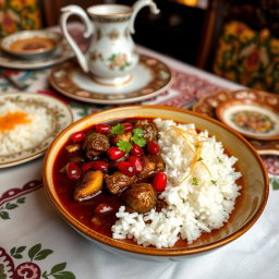 A beautifully presented bowl of Fesenjan stew, a traditional Persian dish, showcasing its rich, dark color from the pomegranate molasses and walnuts
