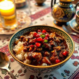 A beautifully presented bowl of Fesenjan stew, a traditional Persian dish, showcasing its rich, dark color from the pomegranate molasses and walnuts