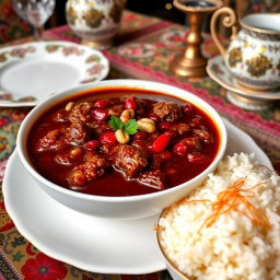 A beautifully presented bowl of Fesenjan stew, a traditional Persian dish, showcasing its rich, dark color from the pomegranate molasses and walnuts
