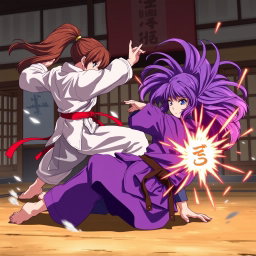 An intense anime scene showcasing a martial arts battle between two female warriors