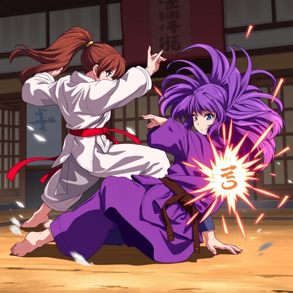 An intense anime scene showcasing a martial arts battle between two female warriors