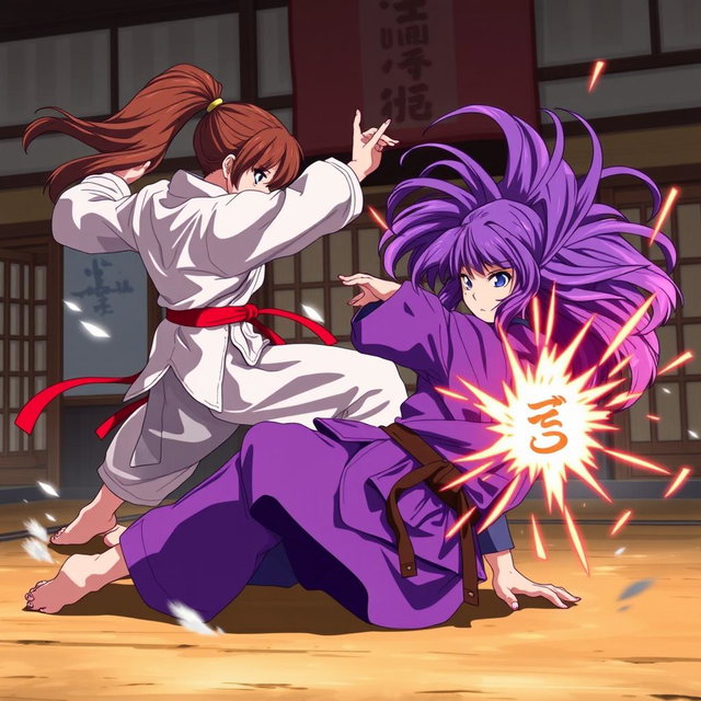 An intense anime scene showcasing a martial arts battle between two female warriors