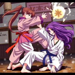 An intense anime scene showcasing a martial arts battle between two female warriors