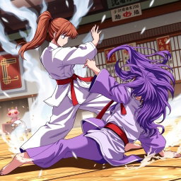 An intense anime scene showcasing a martial arts battle between two female warriors
