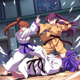 An intense anime scene showcasing a martial arts battle between two female warriors