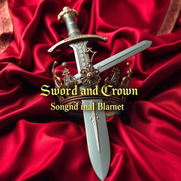 A striking scene featuring a long, majestic sword embedded within an ornate royal crown, all elegantly placed on a luxurious dark red silk blanket