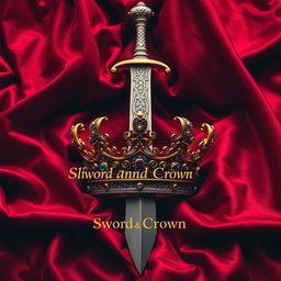 A striking scene featuring a long, majestic sword embedded within an ornate royal crown, all elegantly placed on a luxurious dark red silk blanket