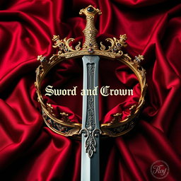 A striking scene featuring a long, majestic sword embedded within an ornate royal crown, all elegantly placed on a luxurious dark red silk blanket
