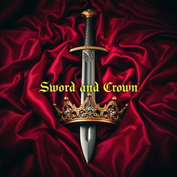 A striking scene featuring a long, majestic sword embedded within an ornate royal crown, all elegantly placed on a luxurious dark red silk blanket