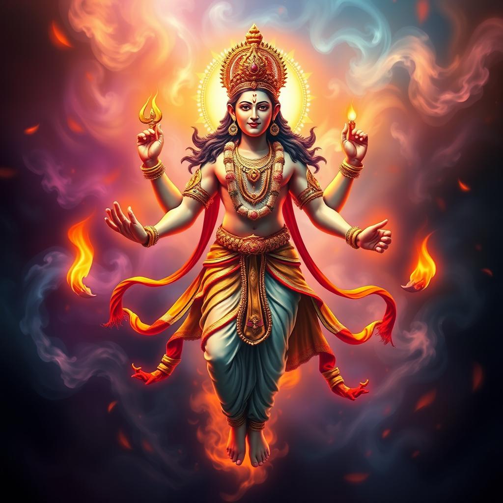 A majestic depiction of Yagna Bhagavan, a deity with perfect human anatomy, gracefully floating amongst vibrant fire flares