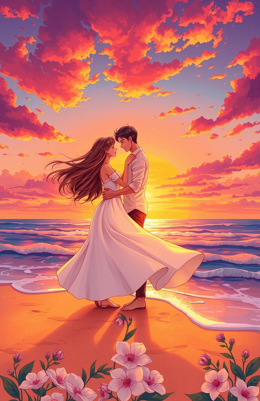 A romantic cover illustration featuring a couple intertwined in an embrace, surrounded by a beautiful sunset