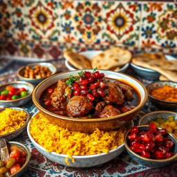 A beautiful, bowl of Persian Fesenjan, a traditional Iranian stew made from slow-cooked chicken, walnuts, and pomegranate molasses