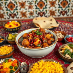 A beautiful, bowl of Persian Fesenjan, a traditional Iranian stew made from slow-cooked chicken, walnuts, and pomegranate molasses