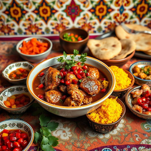 A beautiful, bowl of Persian Fesenjan, a traditional Iranian stew made from slow-cooked chicken, walnuts, and pomegranate molasses