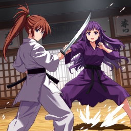 An intense anime scene depicting a dramatic confrontation between two female martial artists