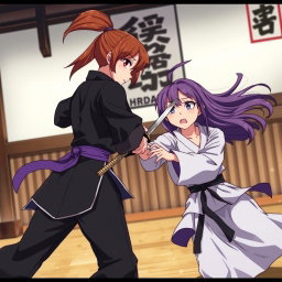 An intense anime scene depicting a dramatic confrontation between two female martial artists