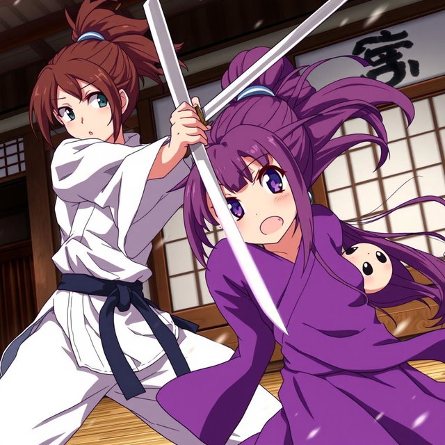 An intense anime scene depicting a dramatic confrontation between two female martial artists