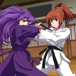 An intense anime scene depicting a dramatic confrontation between two female martial artists