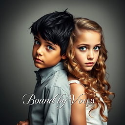 A compelling and artistic portrait of a boy with striking black hair and bright blue eyes standing back to back with a girl who has long, curly light brown hair and captivating green eyes