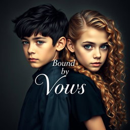 A compelling and artistic portrait of a boy with striking black hair and bright blue eyes standing back to back with a girl who has long, curly light brown hair and captivating green eyes