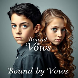 A compelling and artistic portrait of a boy with striking black hair and bright blue eyes standing back to back with a girl who has long, curly light brown hair and captivating green eyes