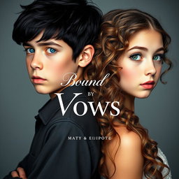 A compelling and artistic portrait of a boy with striking black hair and bright blue eyes standing back to back with a girl who has long, curly light brown hair and captivating green eyes
